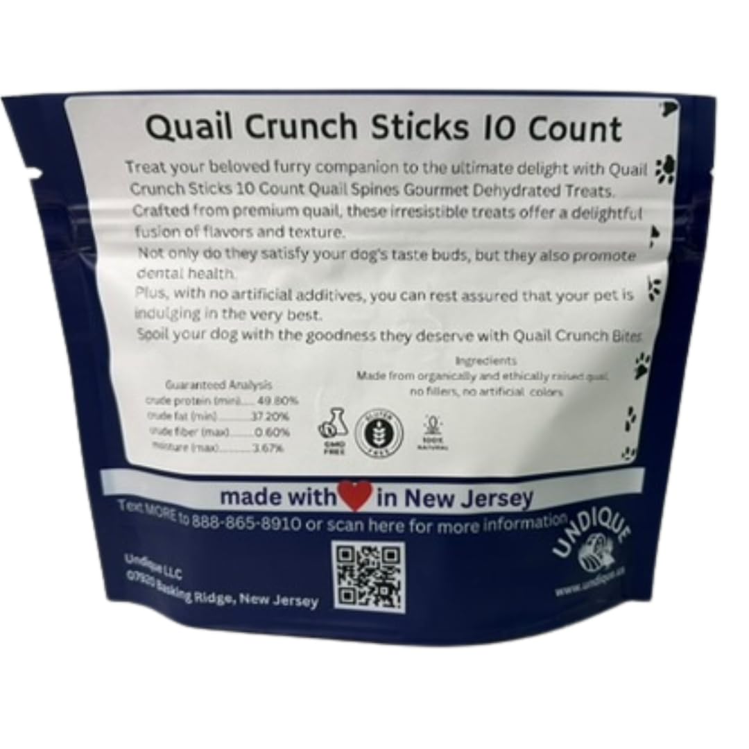 Quail Crunch Sticks Dog Treats, 10 Count Quail Spines Gourmet Dehydrated Healthy Dog Training Treats, Premium Flavors Promote Dental Health, No Artificial Additives for Happy Pets
